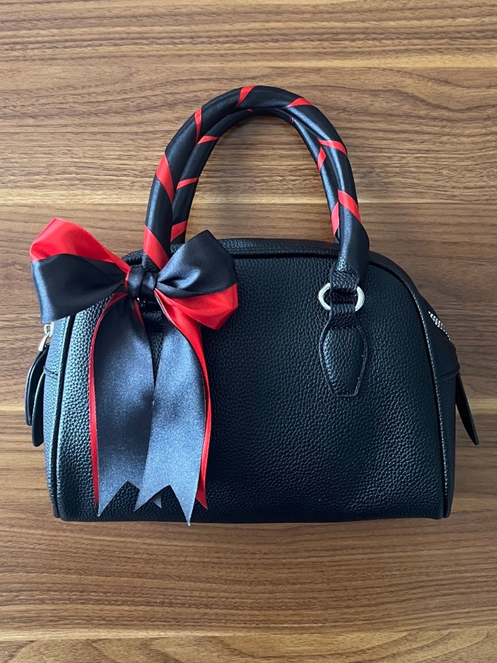Red and Black Satin Ribbon Wrapped Strap Crossbody Handbag with Matching Bow